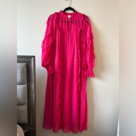 H&M Modest Chiffon Maxi Dress Cerise Pink A-Line Long Sleeve Ruffles XS - Picture 1 of 13